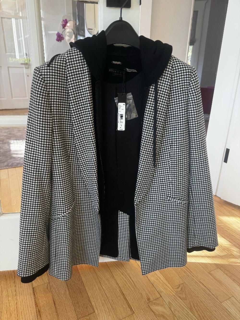 NWT Alice & Olivia Skye Hooded Houndstooth Blazer, size M